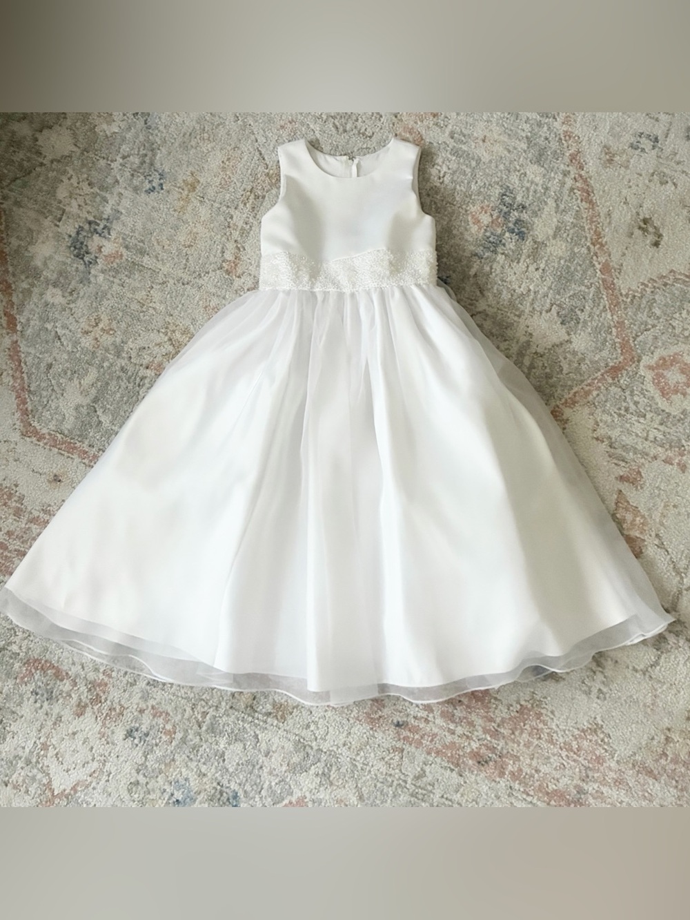 Us Angels White Satin Flower Girl or Communion Dress With Beaded Cummerbund